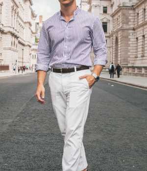 Model in striped bluewhite shirt, no chest pocket