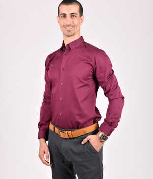 Model in classic burgundy shirt, no chest pocket